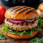 A juicy turkey burger served on a wooden board with an air fryer in the background.