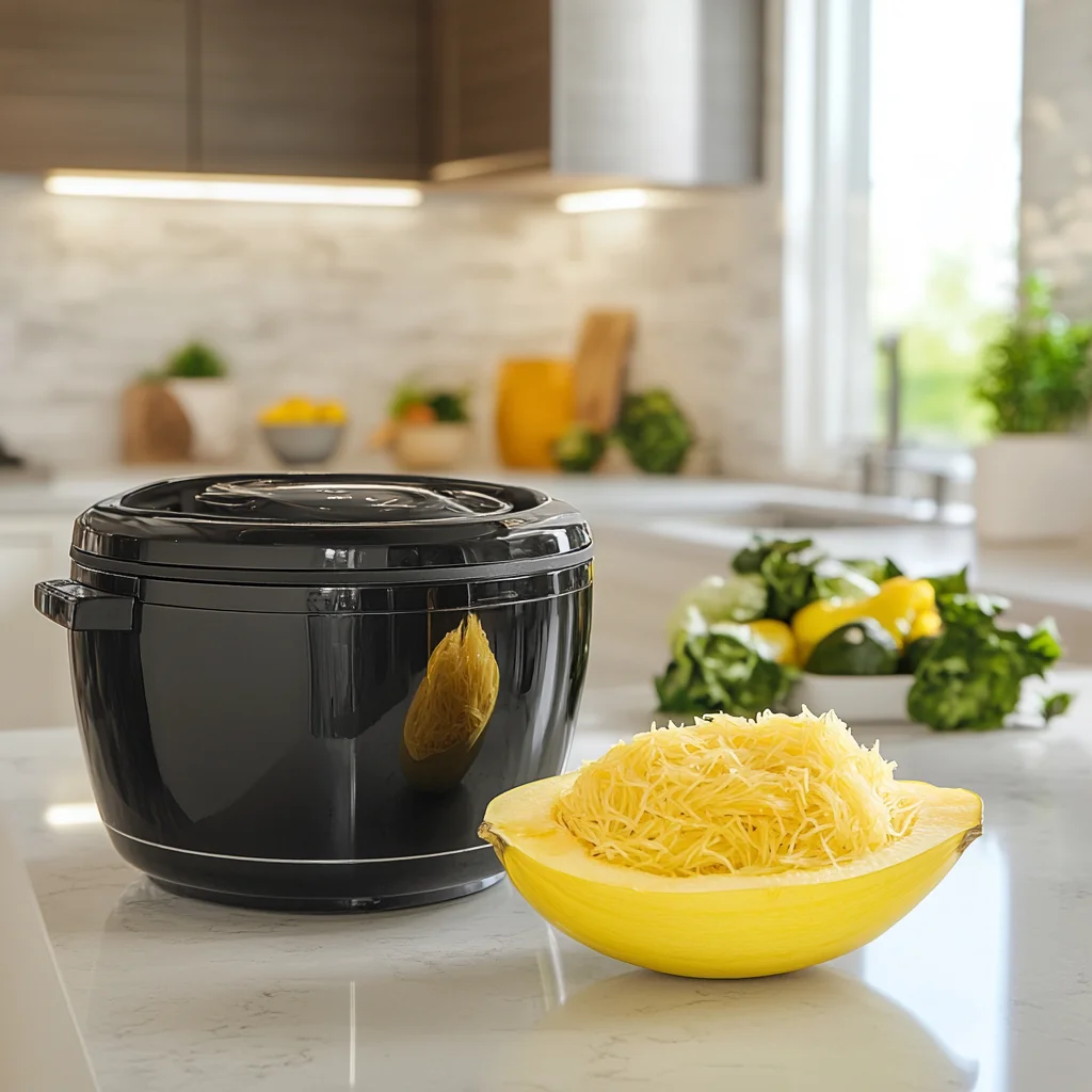 A cooked spaghetti squash next to a crockpot on a kitchen countertop.