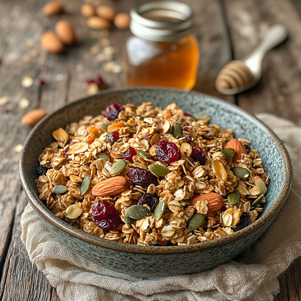 A bowl of gluten-free granola with oats, nuts, and dried fruits.