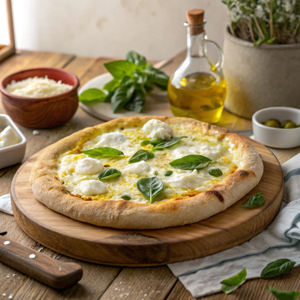 A freshly baked ricotta pizza with creamy cheese and basil leaves.