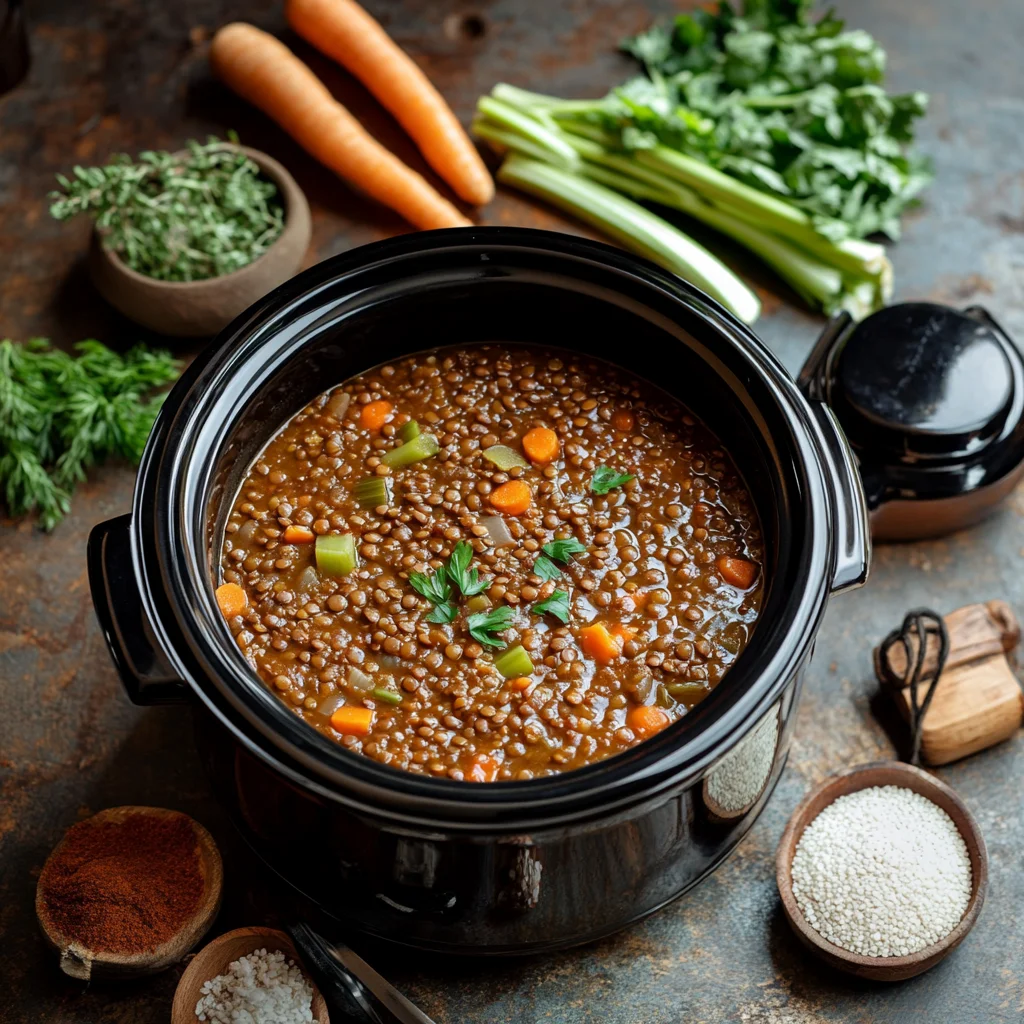 Slow cooker filled with lentil stew and fresh ingredients.