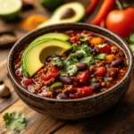 A bowl of Whole30 chili with avocado and cilantro garnish.